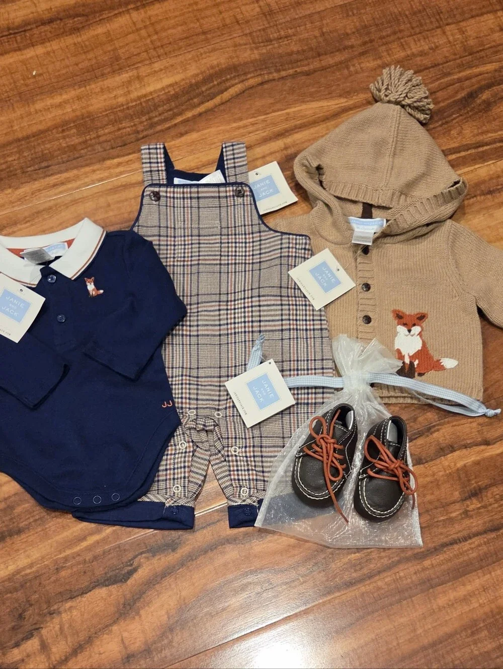 Janie and Jack NWT 0-3 Months Plaid Overalls, Fox Sweater, Polo Bodysuit & Shoes